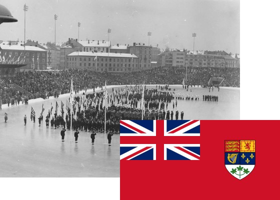 Bildemontasje med Canadas flagg over et bilde fra åpningsseremonien på Bislett stadion 15.2.1952 (Foto: P.A. Røstad / Oslo Museum)