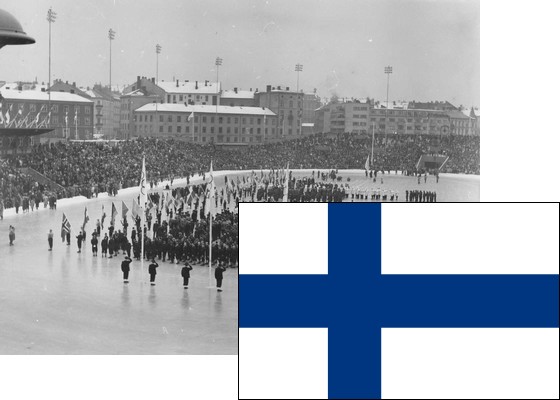 Bildemontasje med Finlands flagg over et bilde fra åpningsseremonien på Bislett stadion 15.2.1952 (Foto: P.A. Røstad / Oslo Museum)