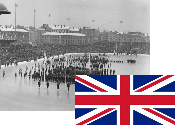 Bildemontasje med Storbritannias flagg over et bilde fra åpningsseremonien på Bislett stadion 15.2.1952 (Foto: P.A. Røstad / Oslo Museum)
