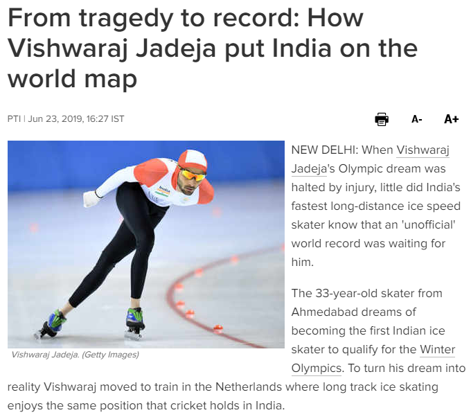 Faksimile fra nettstedet The Times of India, 23.6.2019, om skøyteløperen Vishwaraj Jadeja