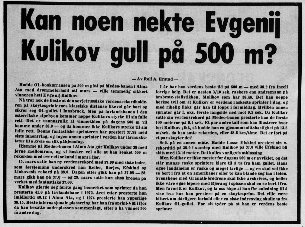 Faksimile avisa Tromsø 10.2.1976. Overskriften er "Kan noen nekte Evgenij Kulikov gull på 500 m?"