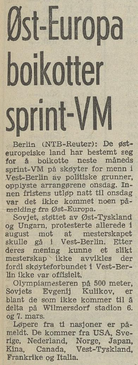 Faksimile Arbeiderbladet 19. februar 1976. Oppslaget forteller at de øst-europeiske landene boikotter sprint-VM i Vest-Berlin.