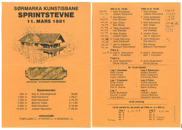 Program fra sprintstevne på Sørmarka kunstisbane 11. mars 1981
