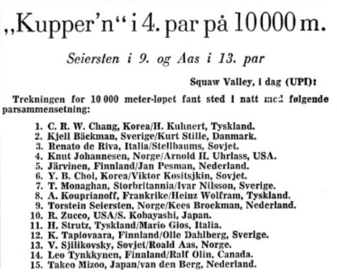 Faksimile Stavanger Aftenblad 27.2.1960 - Parsammensetning for 10.000 m under OL i Squaw Valley.
