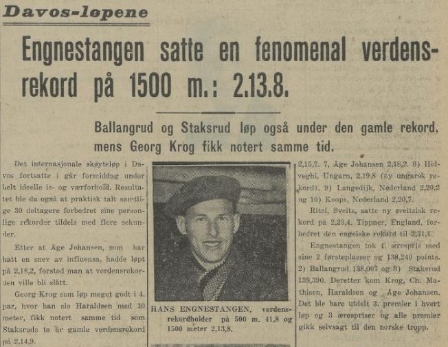 Faksimile Porsgrunns Dagblad 30.01.1939. Overskriften er "Engnestangen satte en fenomenal verdensrekord på 1500 m: 2.13.8"