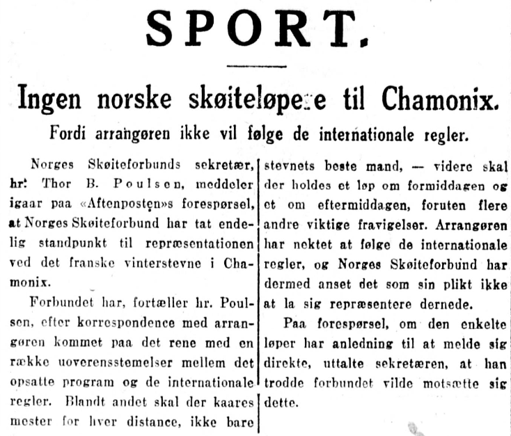 Faksimile Aftenposten 10. desember 1923 - "Ingen norske skøiteløpere til Chamonix"