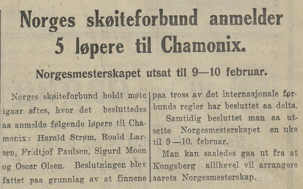 Faksimile Dagbladet 8. januar 1924 - "Norges skøiteforbund anmelder 5 løpere til Chamonix"