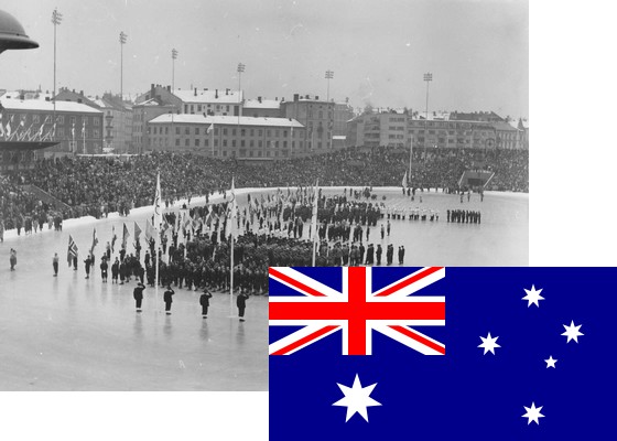 Bildemontasje med Australias flagg over et bilde fra åpningsseremonien på Bislett stadion 15.2.1952 (Foto: P.A. Røstad / Oslo Museum)