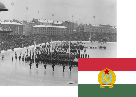 Bildemontasje med Ungarns flagg over et bilde fra åpningsseremonien på Bislett stadion 15.2.1952 (Foto: P.A. Røstad / Oslo Museum)