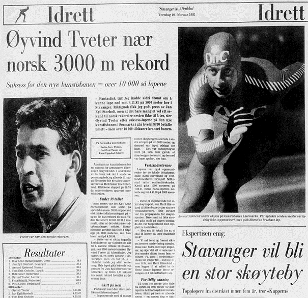 Faksimile Stavanger Aftenblad 19.2.1981, fra åpningen av Sørmarka kunstisbane