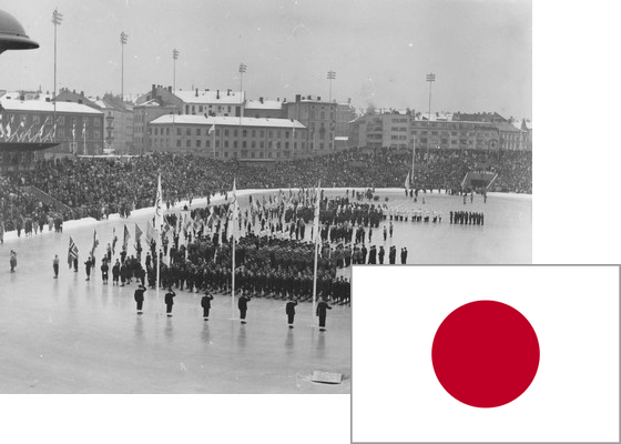 Bildemontasje med Japans flagg over et bilde fra åpningsseremonien på Bislett stadion 15.2.1952